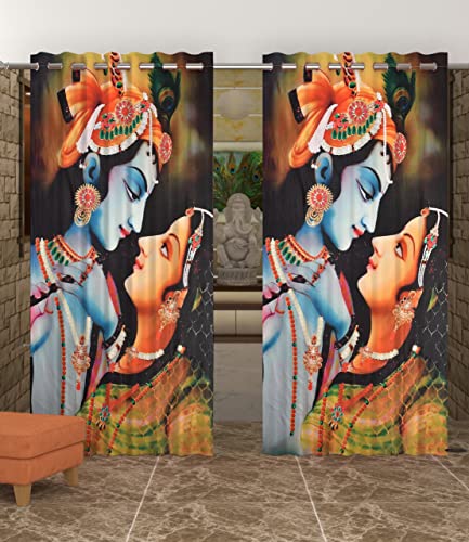 Image of UNITMALL Digital Printed God Curtains 1 Piece | Home Mandir Pooja Room Decor Bhgwan Long Door Curtain 9ft | Polyester Eyelet Drapes & Panels (4x9 Feet, Radha Krishna Blue BG)