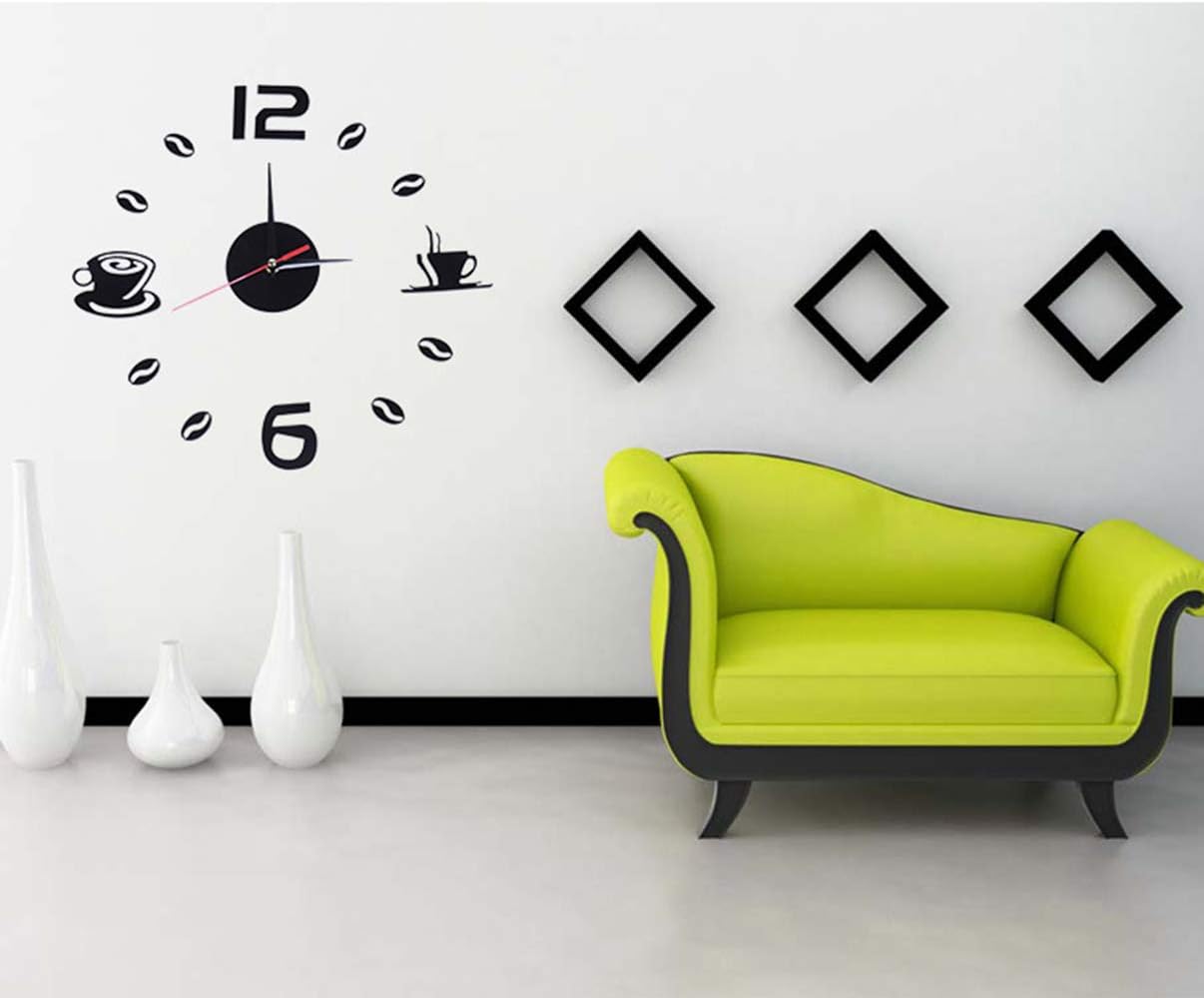 Large Frameless Wall Clock Kit Silent Non Ticking 3D Modern DIY Coffee Tea Cup Wall Clock with Mirror Number Stickers for Living Room Bedroom Kitchen Office Decoration(Coffee Tea Cup)