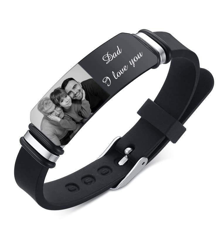 kaululuHombre Pulseras para con Nombres Foto Grabado Negro Mesh Acero Inoxidable Pulseras Personalizados Regalos para el Padre e Hijo/Hermano/Esposo