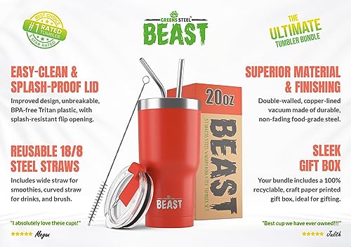 Image of Beast 20 oz Red Tumbler Stainless Steel - Insulated Coffee Cup with Lid, 2 Straws, Brush & Gift Box by Greens Steel (20oz, Ladybug Red)