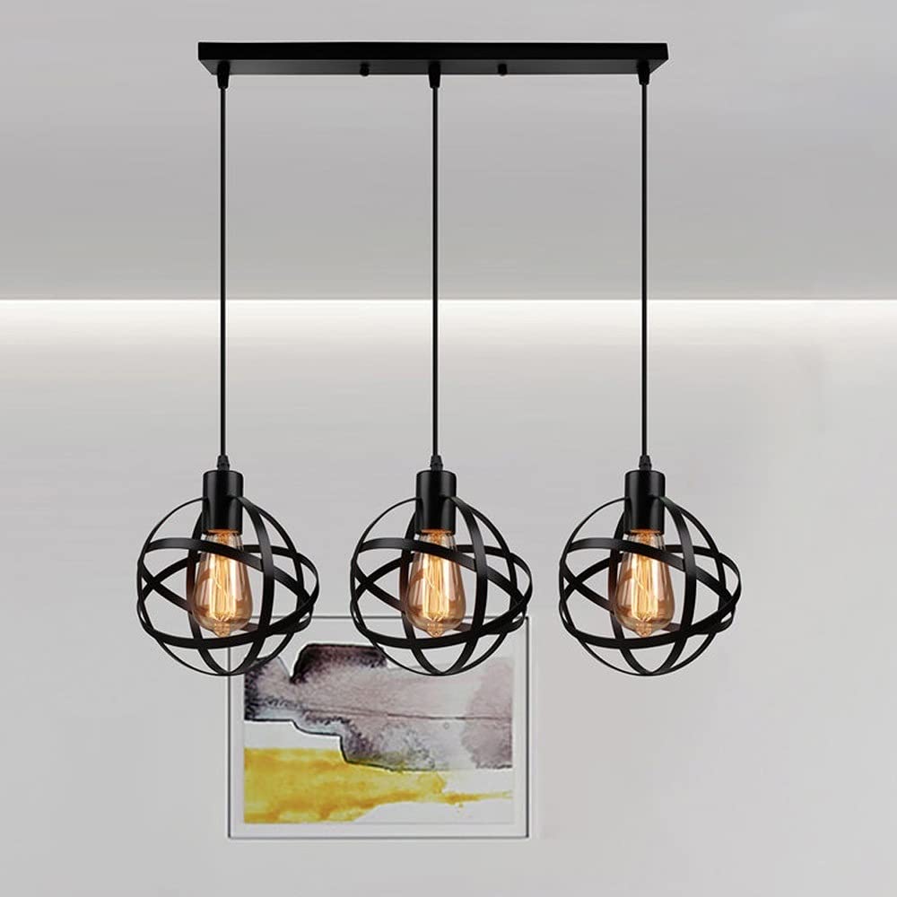 Siet Farmhouse Pendant Light Industrial Hanging Chandelier Lighting Fixture, Black Metal Kitchen Island Drop Ceiling Lamp, 3-light E27 Suspension Lamps for Dining Room