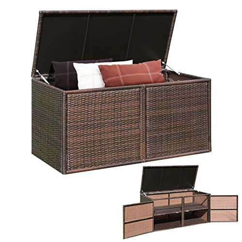 COSTWAY Coffre de Rangement Extérieure en Rotin 335L, Boîte de Rangement avec Couvercle 2 Portes 2 étagères Cadre en Acier, pour Ranger des Outils Jouet Accessoires 115x60x65CM (Marron)