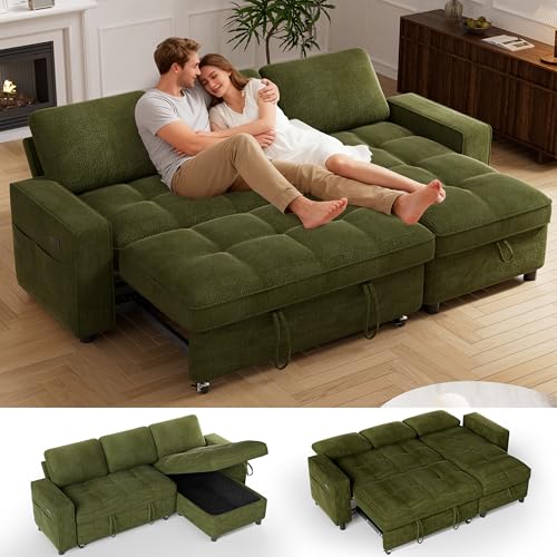 Image of Vipbear 81 inch Sectional Sleeper Sofa Bed with Pull Out Bed, L Shaped Couch Sleeper Sofa, Pull Out Couch with Reclining Backrest, Reversible Storage Chaise, USB Ports, Tool-Free Assembly, Green, Chenille