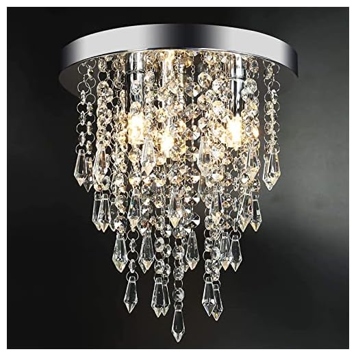 3 Lights Mini Crystal Flushmount Chandelier Fixture, Crystal Ceiling Lamp, H10.4 X W9.8, Elegant Modern Flush Mount Ceiling Light for Bedroom, Hallway, Bar, Living Room, Dining Room, Chrome(G9 Base)