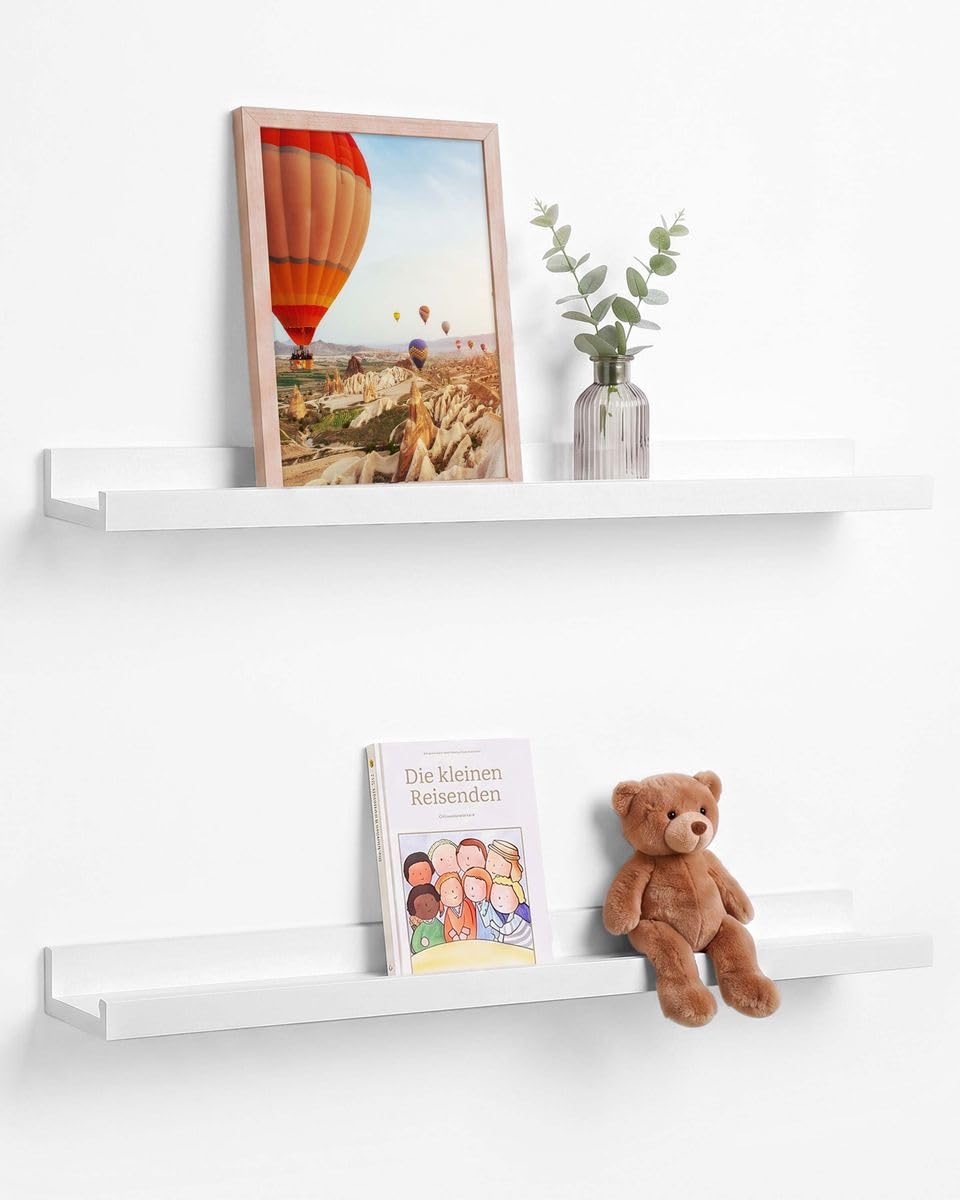PHOTOLINI Mensola per foto, stabile in legno MDF bianco 70 cm, pannello galleria, set da 2, pannello da parete per foto, poster, per una configurazione flessibile, forma a U, facile da montare