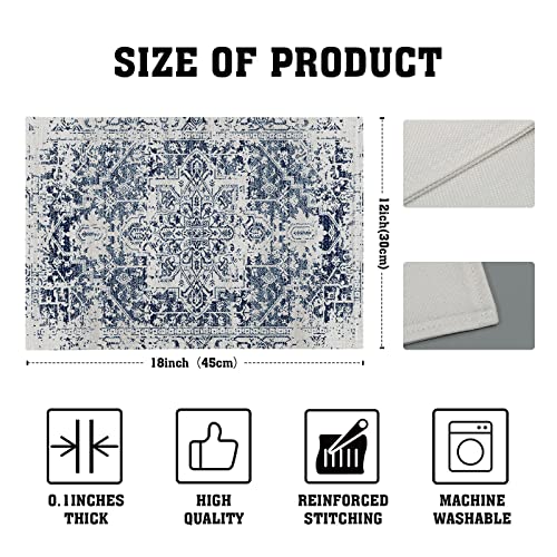 Image of Navy Blue Grey Ethnic Boho Placemats Set of 4 Bohemian Carpet Vintage Gray Linen Washable Kitchen Dining Table Mats Stain Heat-Resistant Desktop Decor Place Mats for Home Party Indoor 12x18 in