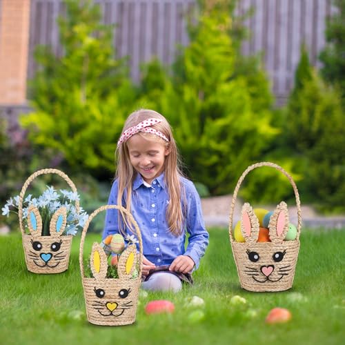 Image of SiliFine 3 Pack Easter Bunny Basket Decor Easter Woven Natural Straw Rabbit Basket with Handle Wicker Bunny Picnic Baskets Table Decor Cute Egg Hunt Baskets for Spring Party Supplies Gifts, 3 Sizes