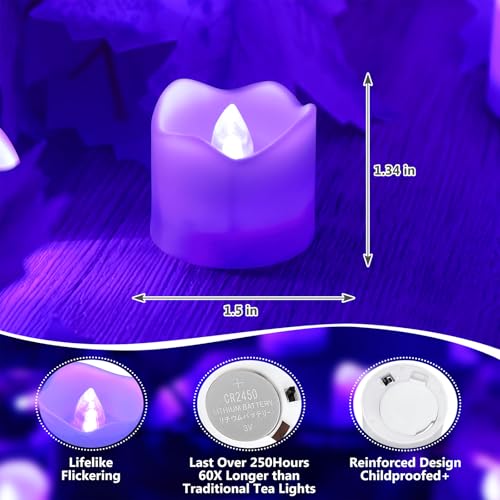 Image of Topstone Electronic Flameless Candles with Remote Control,Purple LED Light, 400+ Hours Battery Life, CR2450 Battery Included, Timer, Realistic Flickering for Home Decor, Wedding, Party, Holiday