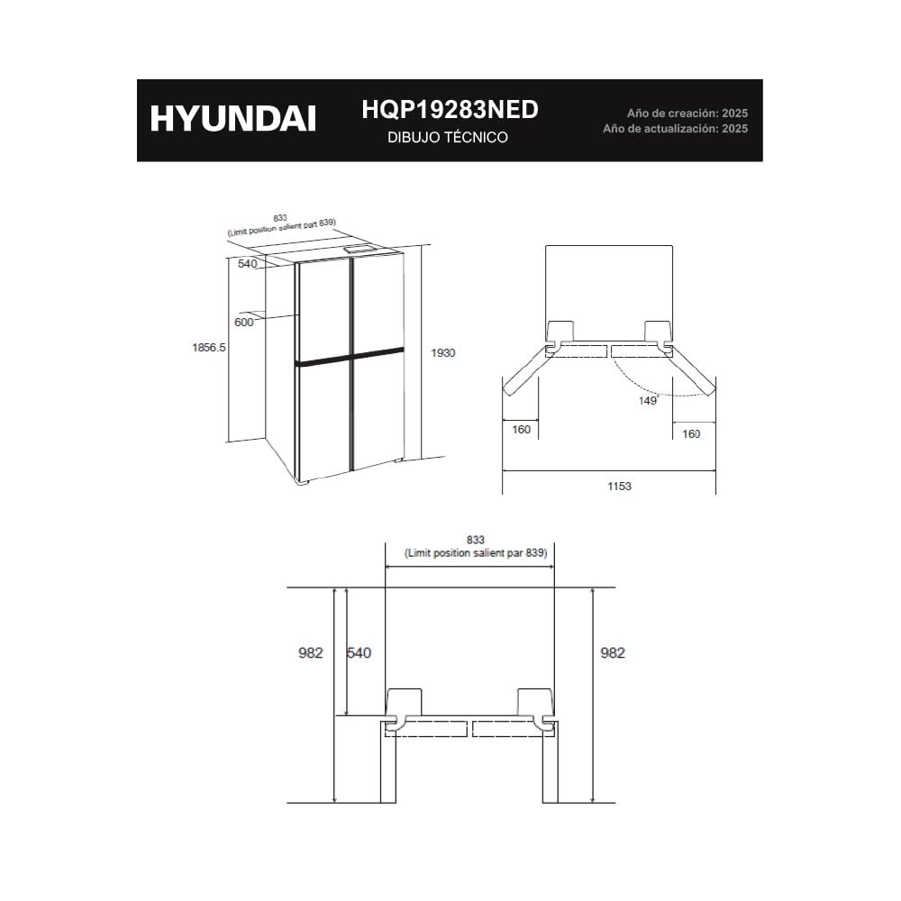 Hyundai Frigorífico Americano Inox, 4 Puertas HQP19283NEDI00, Capacidad 466 Litros, No Frost, Multi Air Flow, Bajo Nivel Sonoro, Clasificación Energética E