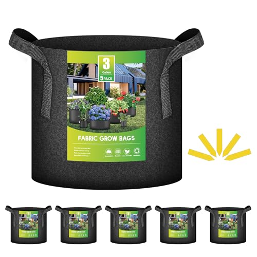 iPower 5-Pack 3 Gallon Plant Grow Bags Thickened Nonwoven Aeration Fabric Pots Heavy Duty Durable Container Strap Handles for Garden Black