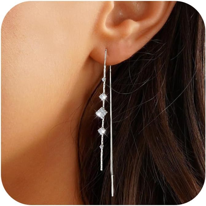 925 Sterling Silver Threader Dangle Earrings for Women - Long Earrings Dangle Chain Drop Earrings Dangling, Dainty Elegant Dangly Ear Chain with Tassel and Cubic Zirconia for Prom Wedding Trendy Jewelry Accessories - Image 2