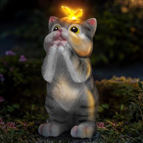 NEBRYX Solar Garden Decor Outdoor Statues Cat - Lawn Decor Statue for Patio, Balcony, Yard Ornament - Unique Gifts for Housewarming, Birthday, Christmas (Gray)