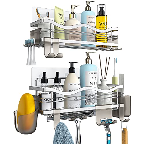 OETAMS Etagere Douche 2 Pièces Auto-AdhéSif Rangement Douche Sans Percage Etagere Murale Salle de Bain Porte Shampoing Ddouche Inox Avec Serviteur de Douche mit 10 Crochets Argenté