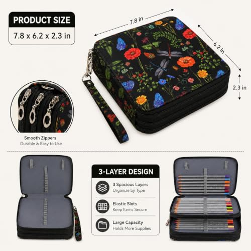 Image of 72 Slots Colored Pencil Case Organizer, 3 Layer Bag | Twill Oxford fabric, 75 elastic loops, detachable handle, for travel, home storage, drawing tools, creative gifts