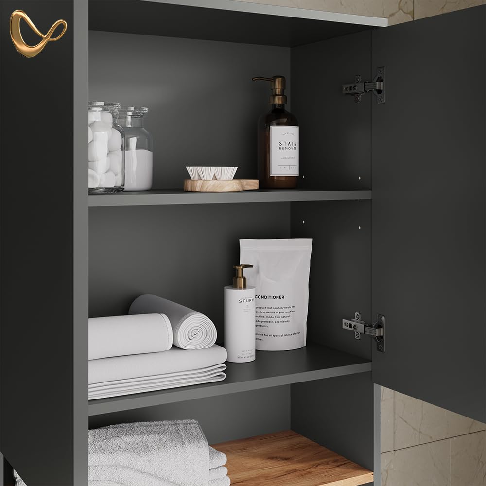 Livinity Armoire Machine à Laver Paolina Anthracite/chêne doré 68x88.2cm | 2 pièces avec étagèreEspace de rangement supplémentaire au-dessus de l'appareil pour le détergent et les accessoires