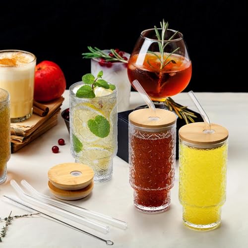 Image of WEZOSHINET Glass Sipper Mugs with Wooden Lid & Straw Pack of 1, 300ml Clear Textured Embossed Drinking Glasses Tumbler for Iced Coffee Beer Cocktail Home & Travel Cup (Embossed)