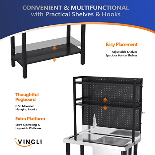 Image of VINGLI 67'' Commercial Sink with Drainboard and Adjustable Shelves Pegboard for Hanging Tools, 304 Stainless Steel Table Freestanding Utility Counter Restaurant, Garage Silver & Black 1