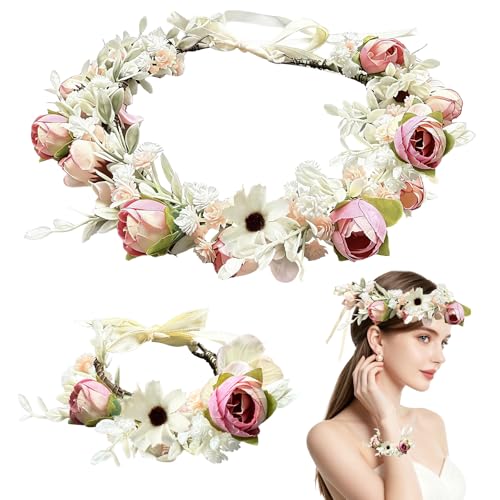 TZEKING Guirnalda de Flores, Corona de Flores Ajustable, Diadema Floral y Conjunto de Pulsera, para Mujer y Niña, Dama de Honor, Boda, Playa, Fiesta, Festival, Fotografía, Rosa