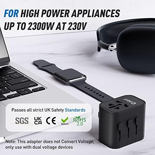 Unidapt Universal Travel Adapter 10A, Worldwide Travel Plug Adaptor with 3 USB (1 Type C 3.0A, 2 USB-A Ports) International Plug Adapter, Grounded Wall Charger, Power Adapter for USA EU UK AUS, Black