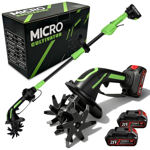 Motoazada Electrica, 21V Motoazada Bateria con 2 Baterías 3000mAh y Mango de 1,3m Motocultor Electrico Escarificador con 4 Cuchillas Metálicas 10cm de Ancho y 10cm de Profundidad de Trabajo 235 RPM