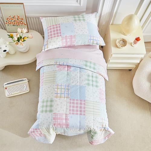 Image of Joyreap 4 Piece Cotton Toddler Bedding Set- Gingham Check Patchwork Design, Toddler Comforter Set for Girls, Includes Quilted Comforter, Fitted Sheet, Top Sheet, and Pillow Case