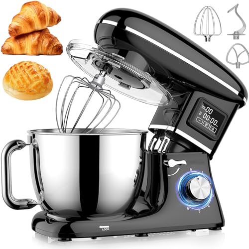 6.2l Mixers For Baking, 1500w Food Mixers For Baking With Bowl, 3 Types Of Mixers, 6 Speed Control, Timer Lcd Display, Splash Guard, Easy To Clean, Silicone Suction Cup, Food Mixer Kitchen black