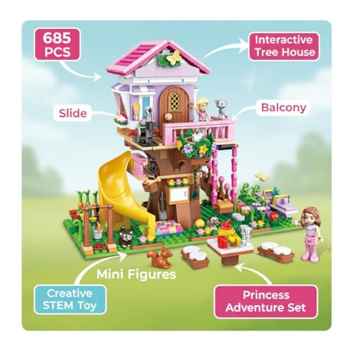 Image of SKY LINE OCEAN Enchanted Forest Villa Building Blocks Set (685+ PCS) | LED Lights | Dreamy Tree House & Princess Castle Model with Slide | Creative STEM Toy for Kids | 5 Year Structural Warranty