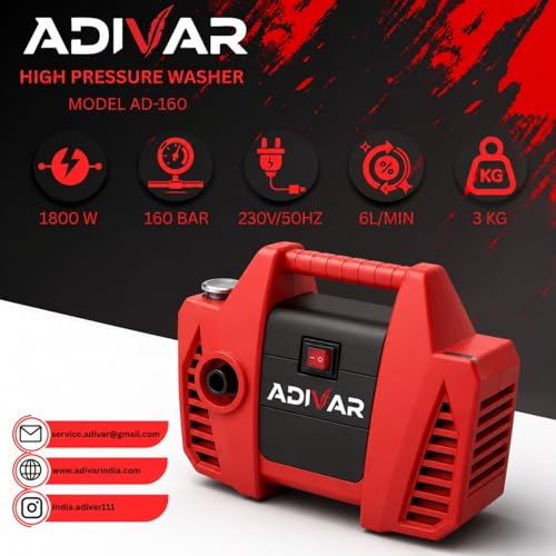 Image of AD-160 High Pressure Washer | 1800W Motor | 160 Bar Max Pressure | 6 L /Min Flow Rate | Portable Electric Washer for Car, Bike, Walkways & Home Cleaning | 8M Outlet Hose Pipe Included