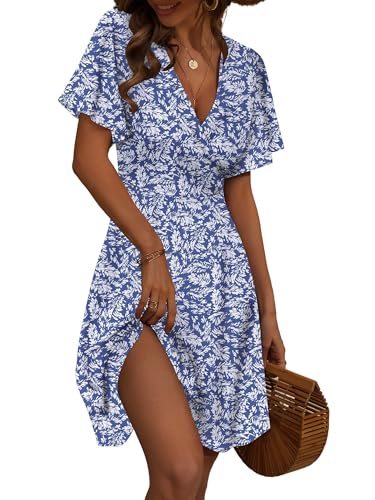 FENSACE Travel Dresses for Women Wrinkle Free Summer with Sleeve Fit and Flare Casual Dress(Blue White Floral-82,Large)
