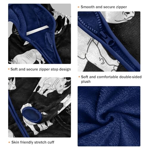 Rhino Pattern on Black Toddler Fleece Jacket Girl Boys Hooded Fleece Jacket Coat Warm Outwear Zip-up 3-10T3