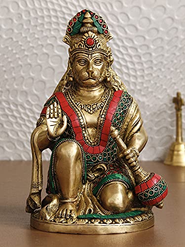 Image of eCraftIndia Golden Brass Handcrafted Blessing Lord Hanuman Idol with Mace - Auspicious Religious God Idol for Home, Office, Temple for Hanuman Jayanti Festival and Devotees