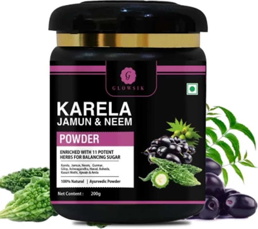 G-GLOWSIK Karela Jamun Neem Powder with 11 Potent Herbs | Natural Sugar Management & Cholesterol Support | 100% Ayurvedic Detox Powder - 200g Jar