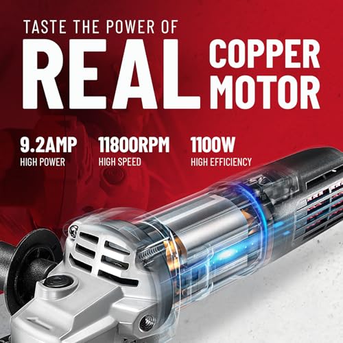 DCK 9.2 Amp Angle Grinder, 4-1/2 Inch Electric Grinder Power Tool, 11800 RPM, Auxiliary Handle and 2 Safety Guards, 6 Piece Discs, Copper Angle Grinder for Cutting, Grinding, Polishing (KSM17-115B) - Image 3