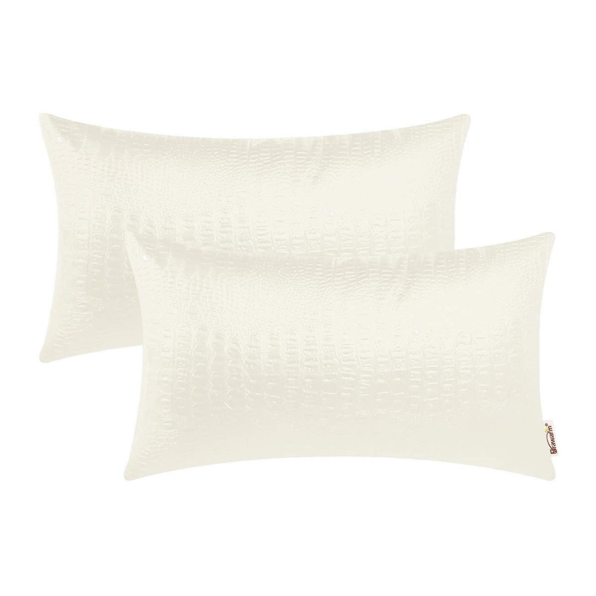 BRAWARM Faux Leather Pillow Covers 12 X 20 Inches, Ivory White Leather Pillow Covers Pack of 2, Crocodile Leather Decorative Lumbar Throw Pillows for