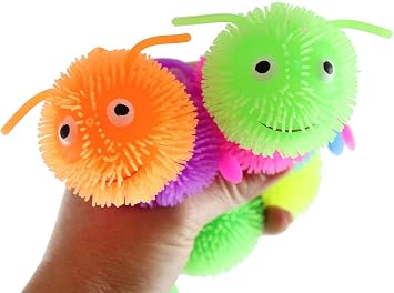 Curious Minds Busy Bags Set of 2 Puffer Caterpillar 5.5" Fidget Sensory Toy - 4 Section Tactile Toy Bug- Squishy Squeezey Sensory Squeeze Air Filled Balls OT Random Colors