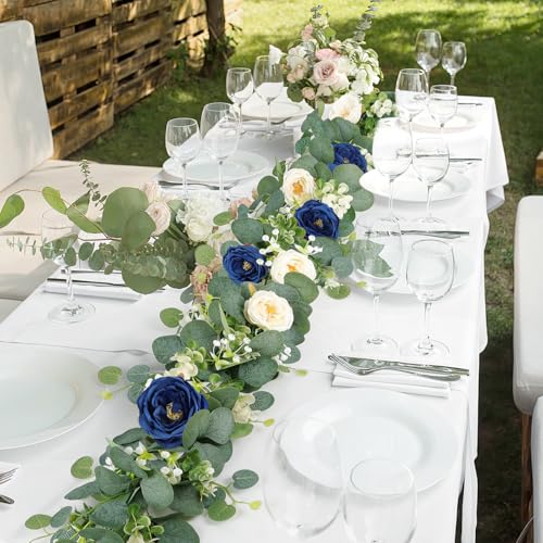 UXORSN 2PCS 12FT Artificial Eucalyptus Flower Garland with Navy Blue and White Roses Fake Flowers Greenery Garland Faux Gypsophila Floral Vines for Wedding Party Home Table Runner Decor - Image 5