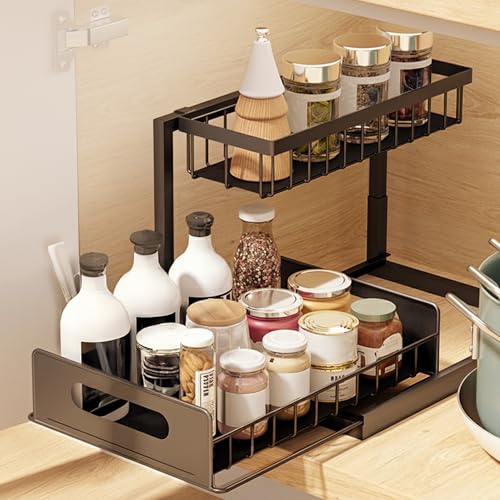 Feyra Organizador Bajo Fregadero 2 Niveles Deslizante – Acero Resistente, Estantería bajo fregadero de Metal Negra – Cajón Inferior Extraíble – Ideal Cocina y Baño