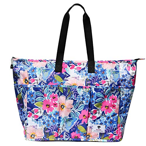 Women Ladies Weekender Bag Muti-pockets Overnight Carry-on Duffel Travel Gym Tote Luggage Duffle with Trolley Sleeve (Blue Flower)