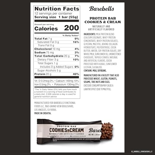 barebells protein bars cookies amp cream - 12 count 20g high protein treats - chocolate nutrition bar with 1g total sugars - on-the-go breakfast or post-workout snack
