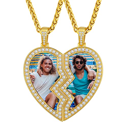 Custom4U Personalized BFF Photo Necklace Copper Custom Couple Broken Heart Pendant with Picture Gift for Best Friends Forever (Gift Box) 28 Inches A-Heart-Gold Color