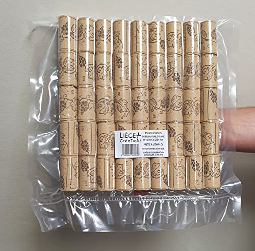 45 bouchons Hauteur 45 mm x Ø24 mm en liège naturel colmaté - étampés grappe - prêts à l'emploi - Conditionnés sous-vide - Durée de conservation...