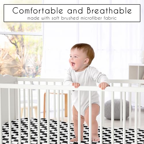Image of Sweet Jojo Designs Baby Fitted Mini Crib Sheet (Black and White Gingham Checkered Plaid) for Boys /Girls, Newborn /Infant Nursery, Play Yards, Portable Cribs (Vintage, Classic Checkerboard, Racing Flag)