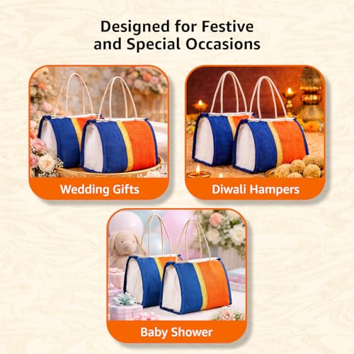 Image of Amazon Brand - Solimo Jute Thamboolam Gift Bag | Pack of 10 | Reusable & Durable | Assorted Colours Blue /Orange /Cream