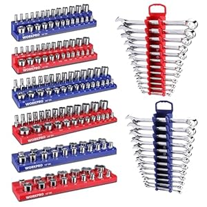 WORKPRO 8-Piece Magnetic Socket Organizer and Magnetic Wrench Organizer Set, Socket Holder Set 1/4″, 3/8″, 1/2″ Drive Metric SAE Socket Storage, Metric SAE Wrench Holder(Socket, Wrench not Included)