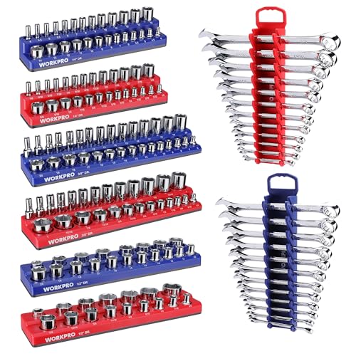 WORKPRO 8-Piece Magnetic Socket Organizer and Magnetic Wrench Organizer Set, Socket Holder Set 1/4", 3/8", 1/2" Drive Metric SAE Socket Storage, Metric SAE Wrench Holder(Socket, Wrench not I