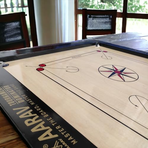 Image of AARAV Champion Carrom Board 36 inch for Adults, Gloss Finished, 3 inch Frame and 6mm boss ply, with Carrom Coins, Striker(15g) and Boric Powder