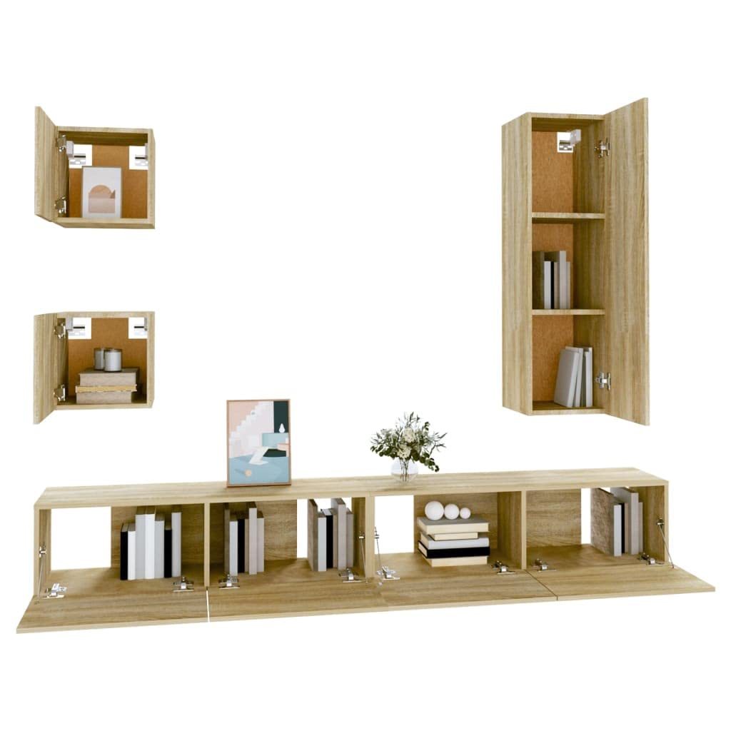 5-TLG. TV-Schrank-Set Sonoma-Eiche Holzwerkstoff, Hängend, Modernes Media-Center für Wohnzimmer, Robustes Wandregal mit Stauraum, Universal TV Stand