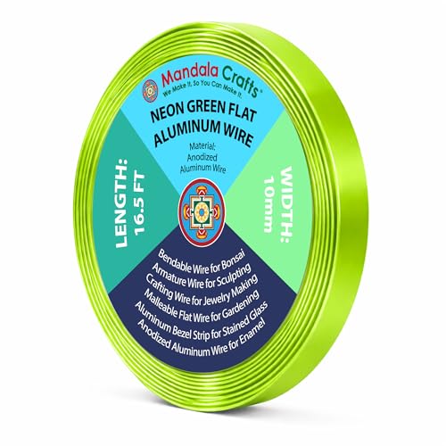 Image of Mandala Crafts 10mm Lime Green Flat Aluminum Crafting Wire for Sculpting | 16.5 FT, Anodized, Colored, Tarnish Resistant, Bendable, Flexible, for Jewelry Making, Bezel, Bonsai, Armature, Outdoor