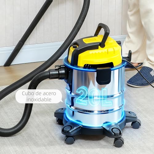HOMCOM Aspirador en Seco y Húmedo 3 en 1, 1200W, Aspiradora con Función de Soplador, Manguera 2 m, Depósito Inoxidable 20L, Triple Filtro, Boquilla para Suelos y Ranuras, Amarillo - imagen 4