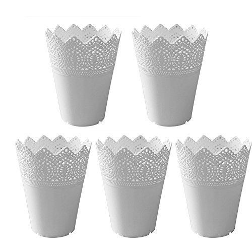 Leisial 5pcs Jarrón de Plástico Macetas para Flores Lace Flor Planta Pot Jardinero Hollow Flor Patrón Oficina Hogar Jardín Balcón Decoración Blanco